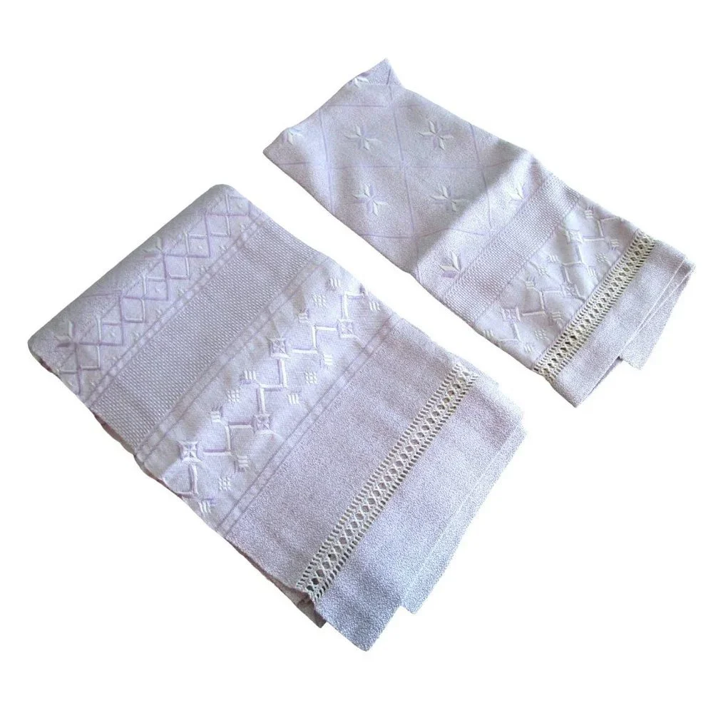 Purple White Woven Trellis Star Vintage Towel Set One Hand One Bath GUC Spots